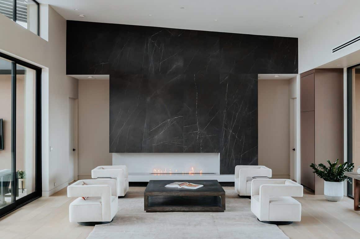 Spacious modern great room with soaring ceiling and seamless connection to Arizona landscape
